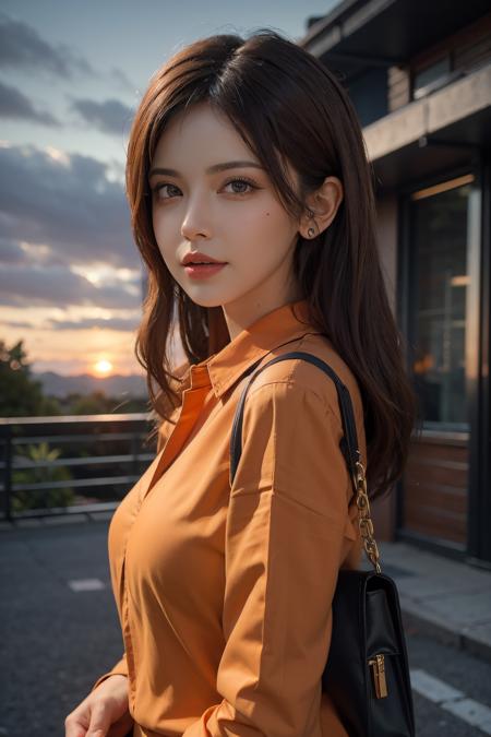 15228-2767725698-orange_background, 1girl, jewelry,carrying a stylish bag , earrings, orange_sky, orange_theme, solo, mole, long.png